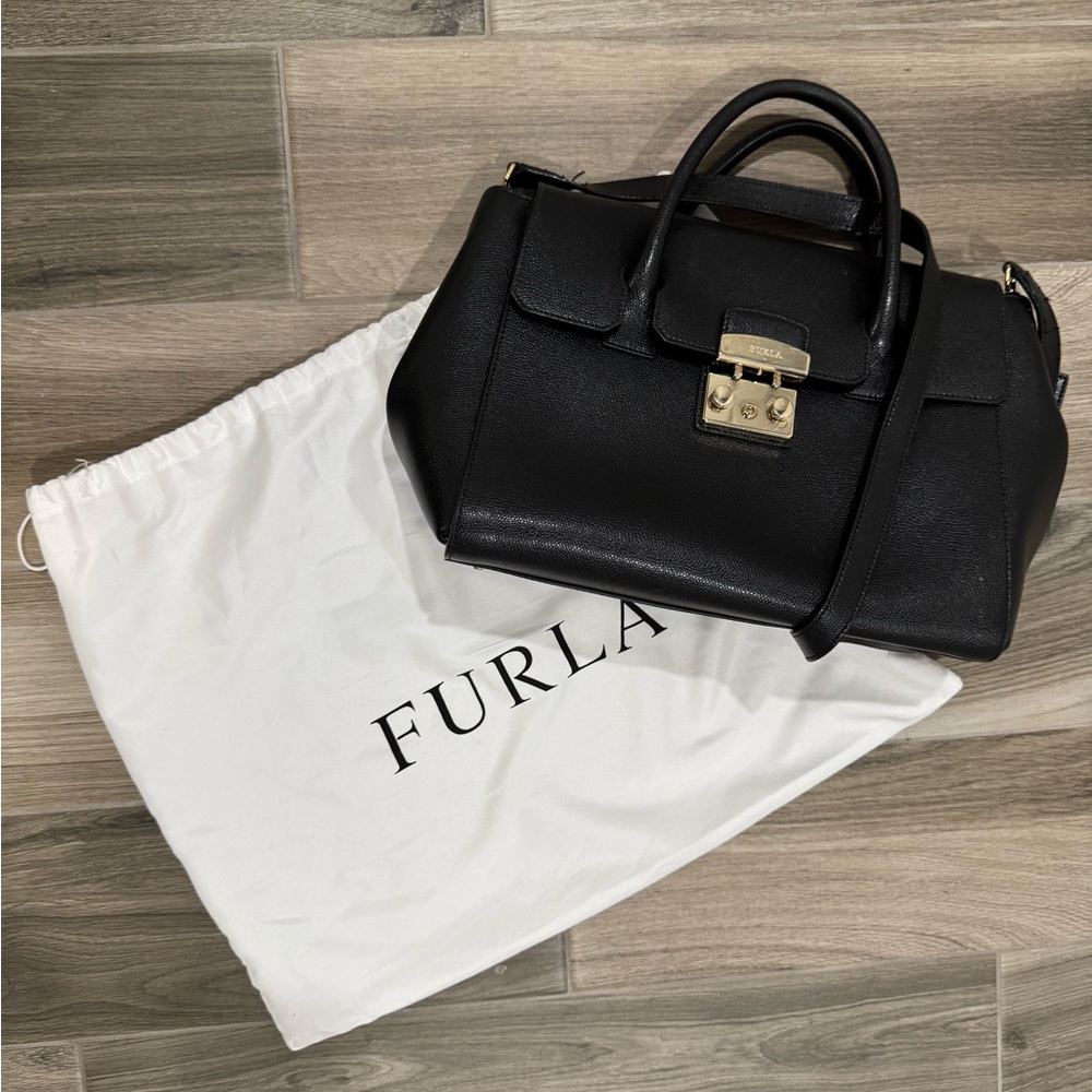 Furla Black Satchel with Gold Accents